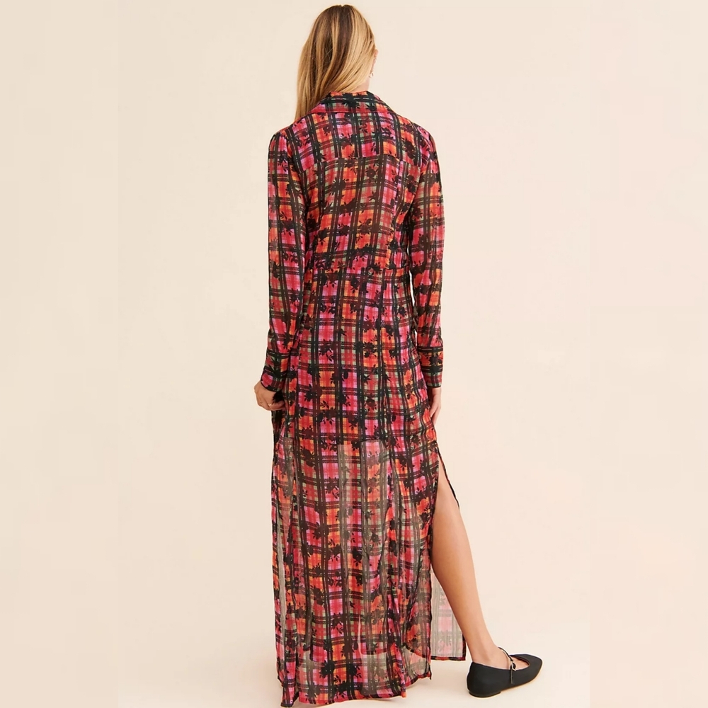 Free People Jerra Shirt Dress In Pink Long Sleeve Button Down Plaid Maxi Dress - Picture 3 of 16